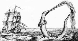 Eine Zeichung von Hans Egede aus dem Jahr 1734 zeigt ein schlangeähnliches Seeungeheuer wie Loch Ness auf dem offenen Meer mit einem Schiff.