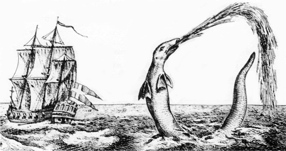 Eine Zeichung von Hans Egede aus dem Jahr 1734 zeigt ein schlangeähnliches Seeungeheuer wie Loch Ness auf dem offenen Meer mit einem Schiff.