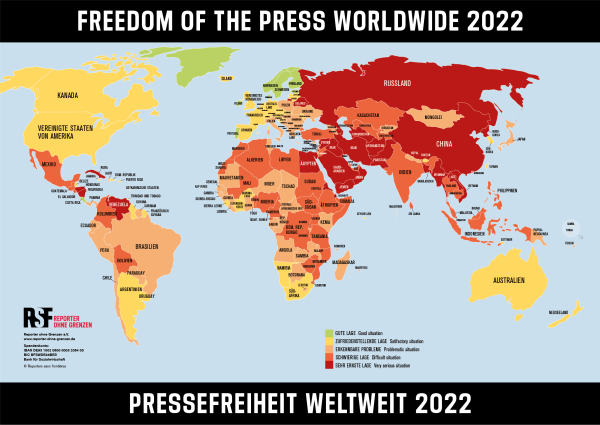 Die Weltkarte von Reporter ohne Grenzen veranschaulicht die Lage der Pressefreiheit in 180 Ländern und Regionen.
